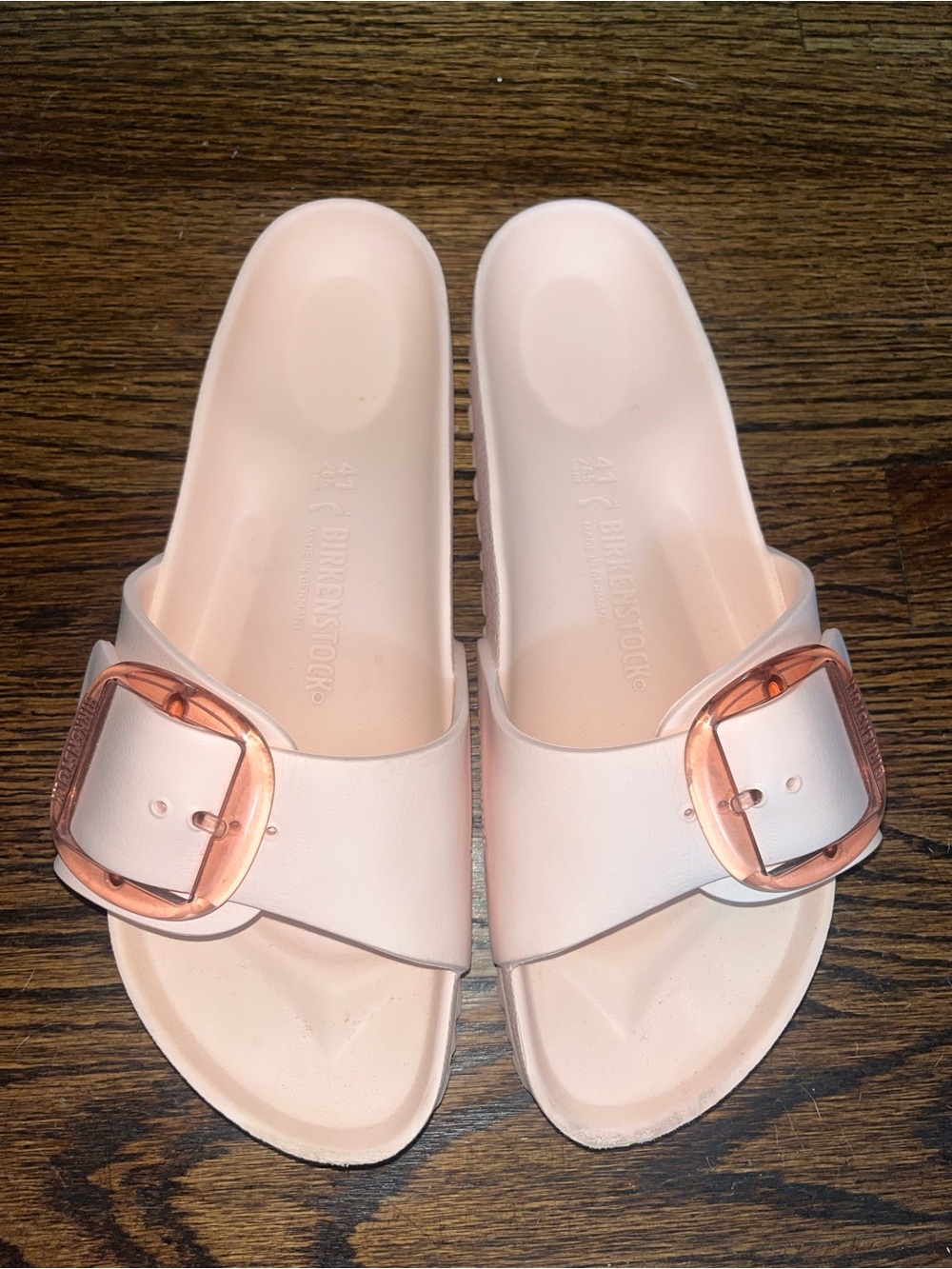 Birkenstock Women’s Madrid EVA Slide Sandals in Blush with Rose-Gold Buckle